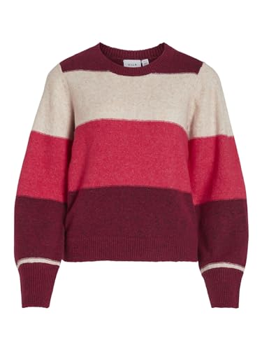 Vila Damski sweter z dzianiny z okrągłym dekoltem L/S Stripe Knit Top, Beet Red, XS