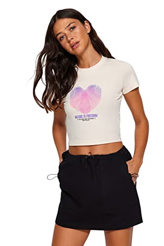 Trendyol Damska koszulka z dzianiny slim fit basic z okrągłym dekoltem, Proszek, M