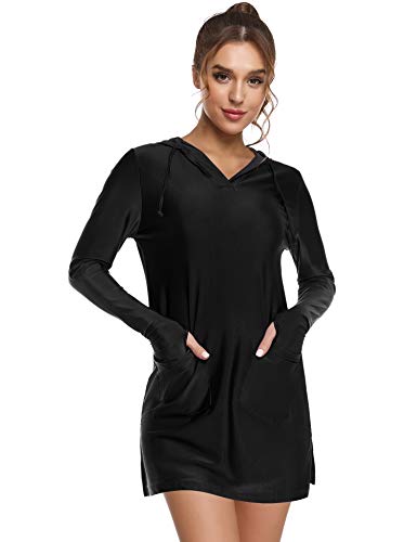 Skyooria damska sukienka plażowa T Shirt sukienka lekka do kolan sweter z kapturem tank top bikini cover up z ochroną UV czarna S, czarny, S