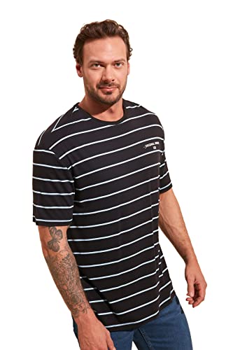 Trendyol Męski T-shirt z paskiem w paski, granatowy, M (DE)