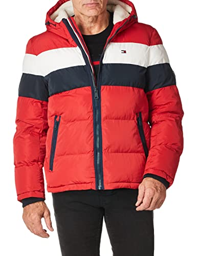 Tommy Hilfiger męska Klasyczna kurtka z kapturem (standardowa, duża i długa) Opcja puchu płaszcz wierzchni płaszcz, Czerwony/lód/granatowy poli technika, M