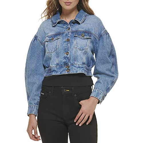DKNY Damska kurtka jeansowa Ls Puff Button Front Cropped, Ciemnoniebieski z efektem sprania, S
