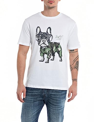 Replay Męski T-shirt z krótkim rękawem, okrągły dekolt, nadruk w kształcie psa, biały (White 001), 3XL, Biały 001, 3XL