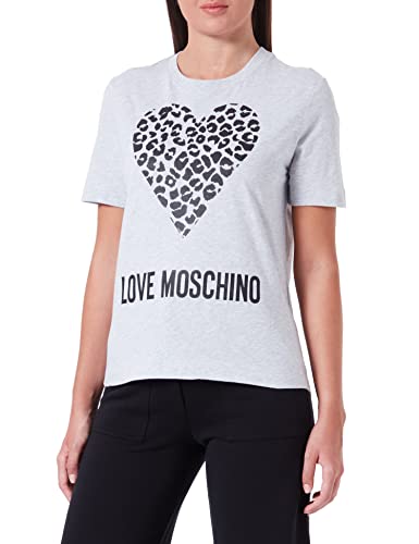 Love Moschino Damska koszulka o regularnym kroju z krótkim rękawem z motywem zwierzęcym serca i logo Maxi, Melange Light Gray, 38