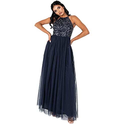 Maya Deluxe 6134-MAXI damska sukienka dla panny młodej Maxi sukienka halter dekolt cekiny upiększony prom, ukończenie szkoły, suknia ślubna dla druhny, granatowy, 56