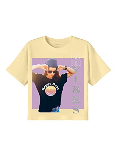 Bestseller A/S Dziewczęca koszulka NKFASSA Happy SS Boxy TOP SMI T-Shirt, Double Cream, 146/152, Podwójny krem, 146/152 cm