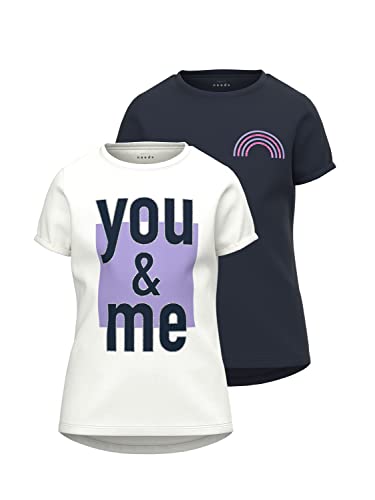 NAME IT Girl's NKFVIX 2P SS TOP D1 T-Shirt, Dark Sapphire/Pack:Bright White, 122/128, Ciemny szafir/opakowanie: jaskrawy biały, 122/128 cm