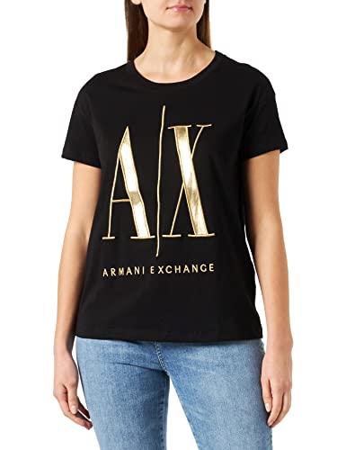 Armani Exchange Koszulka damska z logo Icon, krój regularny, Maxi Gold Embroidered Logo T-Shirt, czarna, ekstra mała, czarny, XS