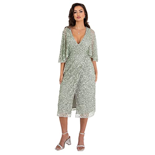 Maya Deluxe Damska sukienka Midi Ladies Sequin Embellished Cape Sleeve Wrap Dress for Wedding Guest Bridesmaid Cocktail Prom Evening sukienka, Green Lily, 40