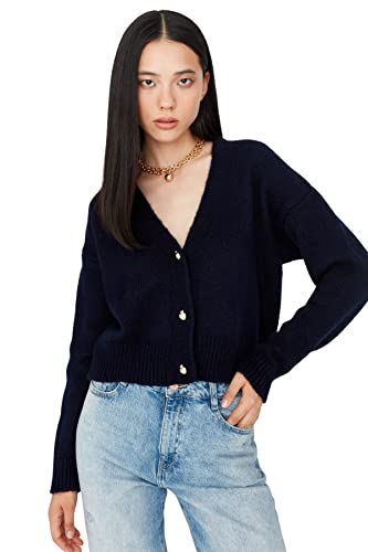 Trendyol Damski sweter z dekoltem w serek, zwykły, granatowy, L, granatowy, L