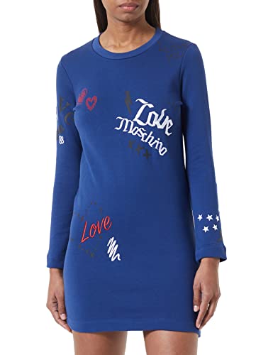 Love Moschino Damska sukienka o regularnym kroju z długim rękawem i emblematami, miłość i szkice, niebieski, 44
