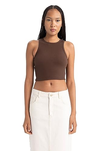 DeFacto Damski top typu crop top, sportowy top damski, modny top damski, sportowy styl, wszechstronne łączenie, brązowy, S