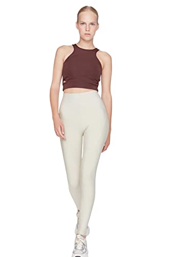 Trendyol Damska odzież sportowa wysoka talia skinny fit pełnowymiarowe legginsy sportowe, BEŻOWY, M