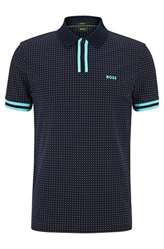 BOSS Męska koszulka polo Paddy 5 Slim-Fit ze stretchu bawełny z nadrukiem w kropki, Dark Blue402., XS