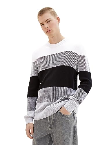TOM TAILOR Denim sweter męski, 34213 - biały czarny szary blok kolorów, L