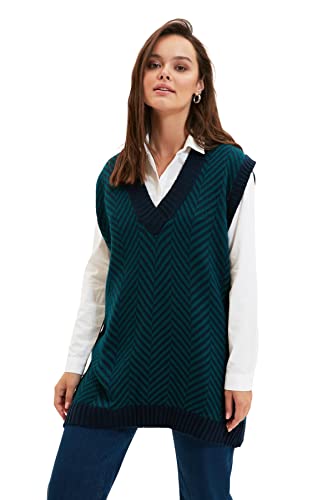 TRENDYOL Damski sweter z dekoltem w serek, w paski, oversize, sweter, granatowy, 36-38