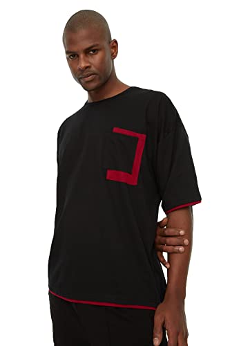 TRENDYOL Męski t-shirt z okrągłym kołnierzem, z kontrastem, z detalami, czarny, M