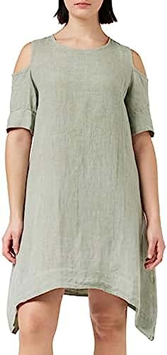 Bonateks, Wyblakła sukienka o średniej długości, okrągłym kołnierzu i otwartych ramionach, 100% len, rozmiar DE: 40 rozmiar US: L, lekki khaki - wyprodukowano we Włoszech, zielony, 40