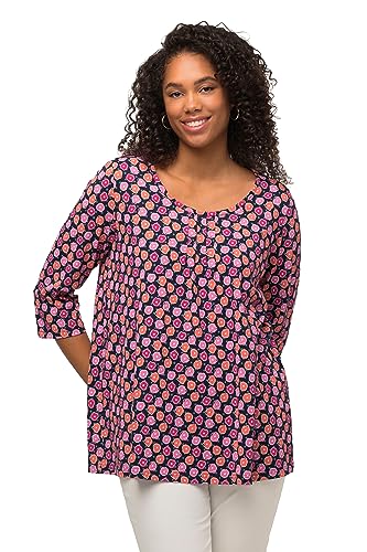 Ulla Popken, Damska koszulka z minimalnym nadrukiem w kwiaty, linia A, morski, 46-48