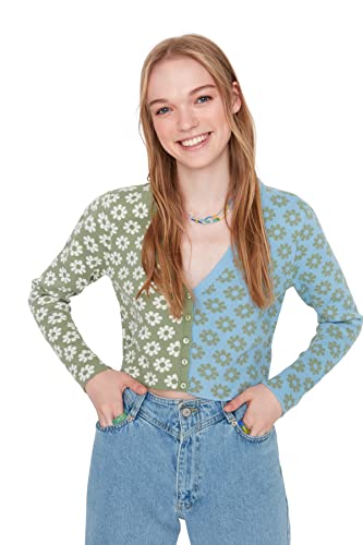 Trendyol Damski design dopasowany standardowy kardigan z dekoltem w serek, ZIELONY, M