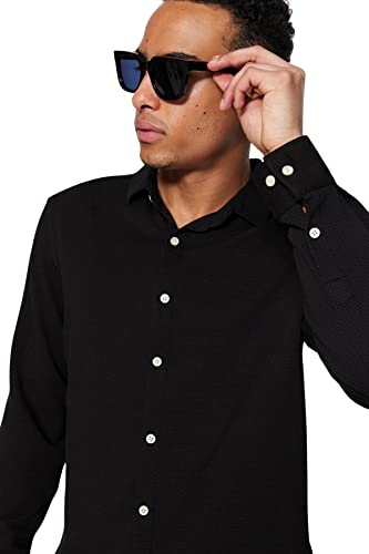 Trendyol Męska koszula o regularnym kroju basic kołnierz dzianina, czarna, XL, Czarny, XL