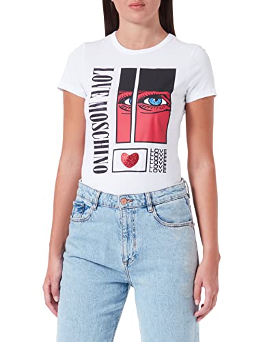 Love Moschino Damska koszulka slim fit z krótkim rękawem z nadrukiem oczu i cekinami, optical white, 40