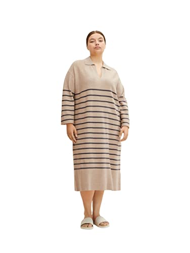 TOM TAILOR Damski Sukienka z dzianiny plus size z kołnierzem 1034674, 30188 - Beige Anthracite Knit Stripe, 46 Duże rozmiary