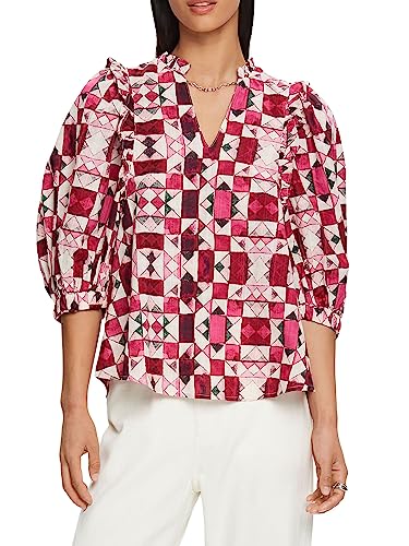 ESPRIT Bluzka z bawełny Dobby z falbanką, różowy (Pink FUCHSIA), S