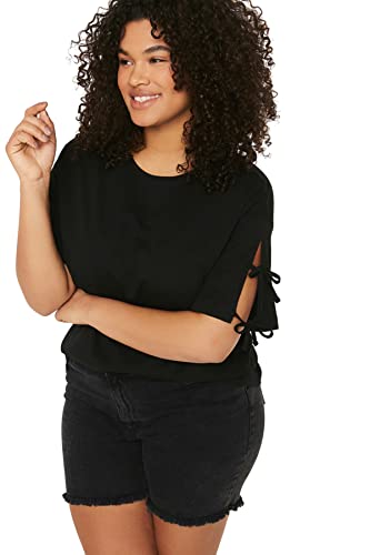 TRENDYOL Damska koszulka damska plus size, luźny krój, Shift Crew Neck Knit Plus Size T-Shirt damski Plus Size Relaxed Fit Shift okrągły dekolt z dzianiny w dużych rozmiarach, czarna, czarny