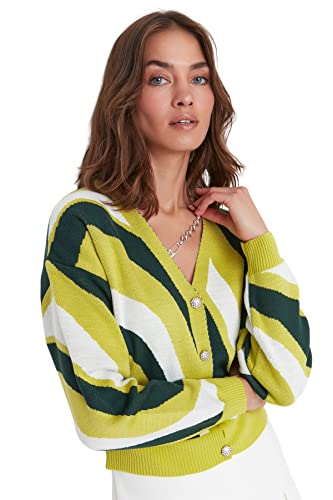 Trendyol Damski standardowy standardowy kardigan z dzianiny z dekoltem w serek, ZIELONY, S