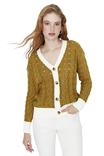Trendyol Damski sweter rozpinany z dekoltem w serek, kolorowy blok, Ecru, L, Ecru, L