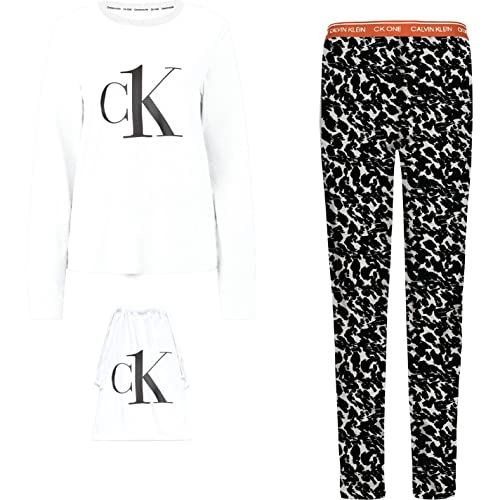 Calvin Klein Damskie spodnie zestaw piżama L/S, Białe/Dist Animal Print Owies Ozdoby, M