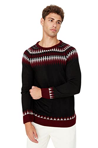 Trendyol Męska bluza z okrągłym dekoltem, etniczny wzór, wąski sweter bluza, wielobarwny, L