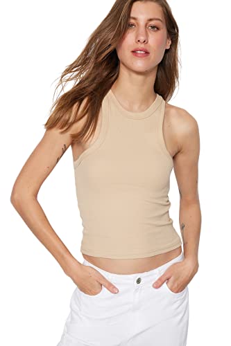 Trendyol Damska koszulka z dzianiny slim fit basic z okrągłym dekoltem, BEŻOWY, M