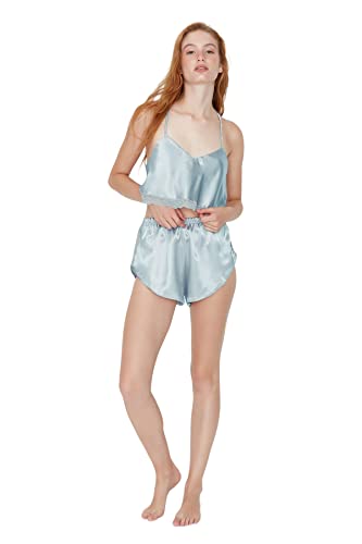 Trendyol Damski gładki koronka/siatka/siatka szczegółowy cienki tkany stanik - szorty zestaw piżamowy, szary, 60