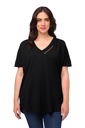 Ulla Popken Damska koszulka z długim rękawem, ozdobne fałdy, oversize, dekolt w serek, do połowy rękawów, czarny, 50/52