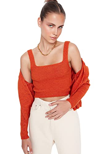 Trendyol Damska odzież wypoczynkowa slim basic okrągły dekolt dzianina kardigan, pomarańczowy, S