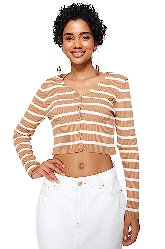 Trendyol FeMan Slim Fit Basic kardigan z dzianiny z dekoltem w serek, brązowy, S, Brązowy, S