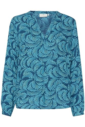 Damska bluzka z długim rękawem KAFFE z guzikami V-Neck Regular Fit Damska, Legion Blue/Blue Bird Print, 42