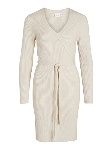 Vila Sukienka damska VIRIL WRAP L/S Knit Dress-NOOS, sukienka owijana, super jasna naturalna melan, XL, Super Light Natural Melan, XL
