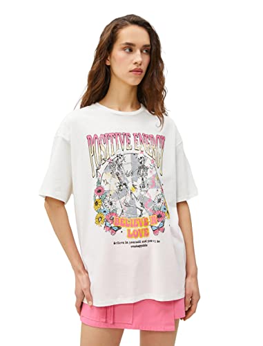 Koton Damska koszulka z nadrukiem Crew Neck Short Sleeve Cotton T-Shirt, Ecru (010), XL