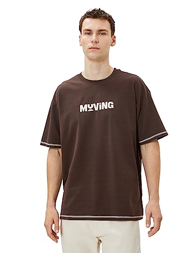 Koton Koszulka męska oversized slogan Printed Crew Neck Short Sleeve, Brązowy (545), L