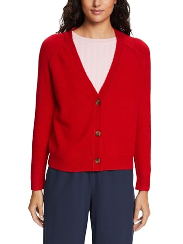 ESPRIT Kardigan zapinany na guziki z dekoltem w serek, mieszanka wełny, New Dark Red, L