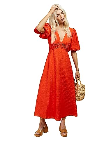 Pomarańczowa teksturowana sukienka midi z bufiastymi rękawami, pomarańczowy, 34