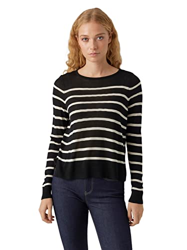 VERO MODA Women's VMNOVA LS O-Neck GA sweter damski, czarny/paski: brzoza, L, Czarne/paski: brzoza, L