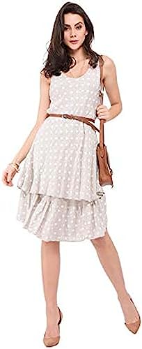 Bonateks, Sukienka średniej długości z dekoltem w kształcie litery V, wzorem w kropki i podwójnymi falbankami, 100% len, rozmiar DE:38 rozmiar US: M, len - wyprodukowano we Włoszech, beżowy, 38