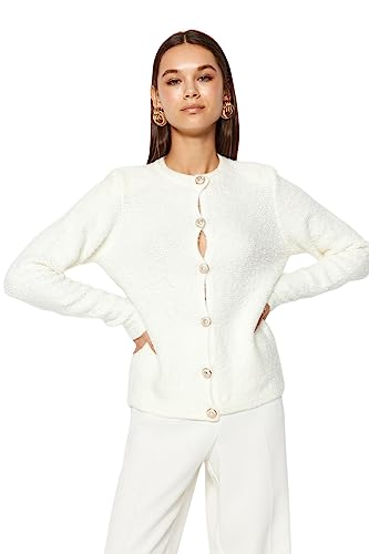 Trendyol FeMan Regular Fit Basic Crew Neck Dzianina kardigan, ecru, S, Ecru, S