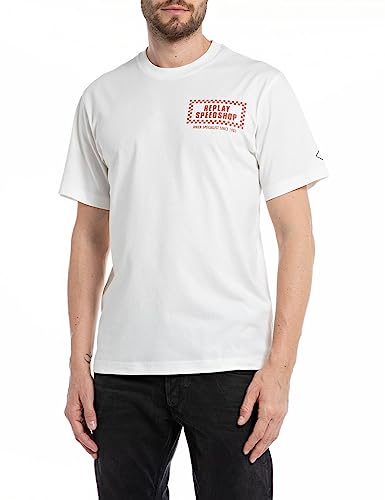 Replay Męski T-shirt z krótkim rękawem, okrągły dekolt z nadrukiem z tyłu, biały (Natural White 011), XL, Natural White 011, XL