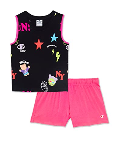 Champion Legacy Fun Club-all-Over-Tank Top & Spodenki Pełna Dziewczyny i Dziewczyny, (Czarny/Fluorescencyjny Różowy), 5-6 anni