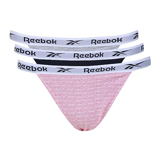 Reebok Damskie majtki stringi w kolorze granatowym/nadrukowym/szarym, wygodna bawełna i ściągacz w talii z mikrofibry, bielizna fitness, zestaw 3 sztuk, Vector Navy/Pink Print/Grey Marl, M